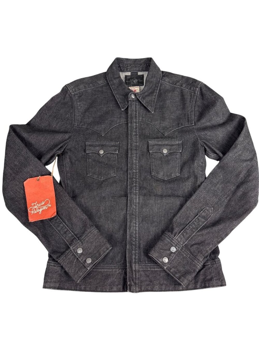 True Religion Black Denim Jacket Mens M Bomber Biker USA Western Retro Y2K